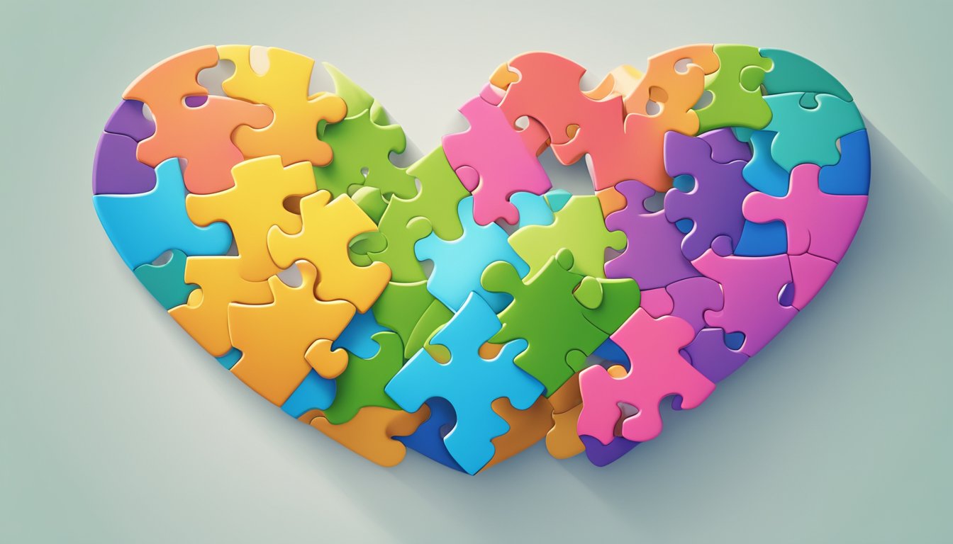 A group of interconnected puzzle pieces forming the shape of a heart, surrounded by symbols representing growth and personal development