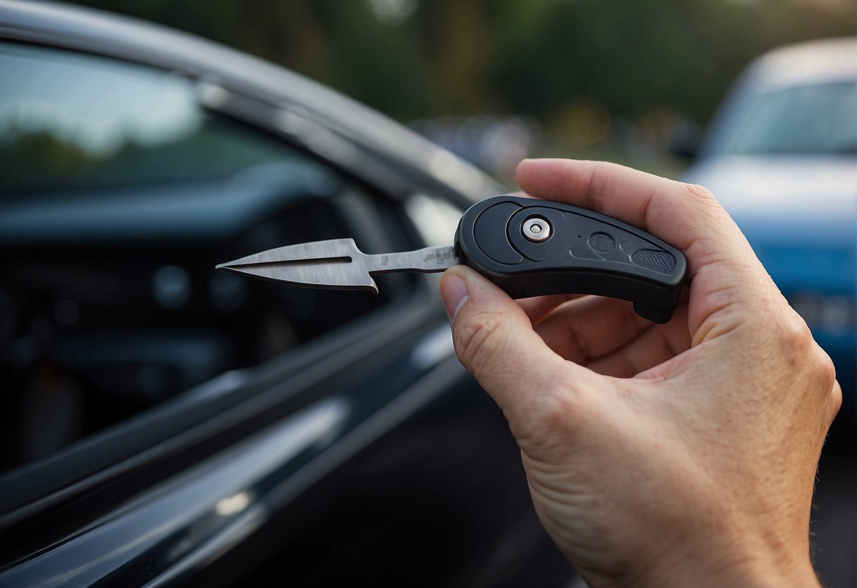 A hand holds a Lishi tool against a car lock. The tool is positioned and turned, then the lock clicks open