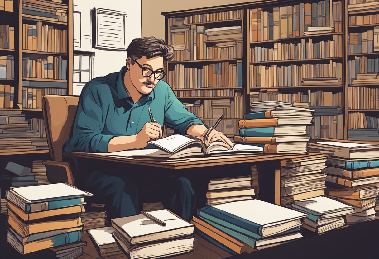 A writer sitting at a desk, surrounded by stacks of books and papers, passionately explaining their book idea to a group of attentive listeners