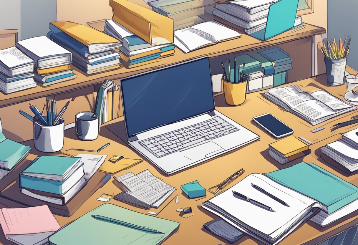 A desk cluttered with books, a laptop, and notepads. A person scribbles notes, surrounded by research materials. A book cover mock-up sits nearby