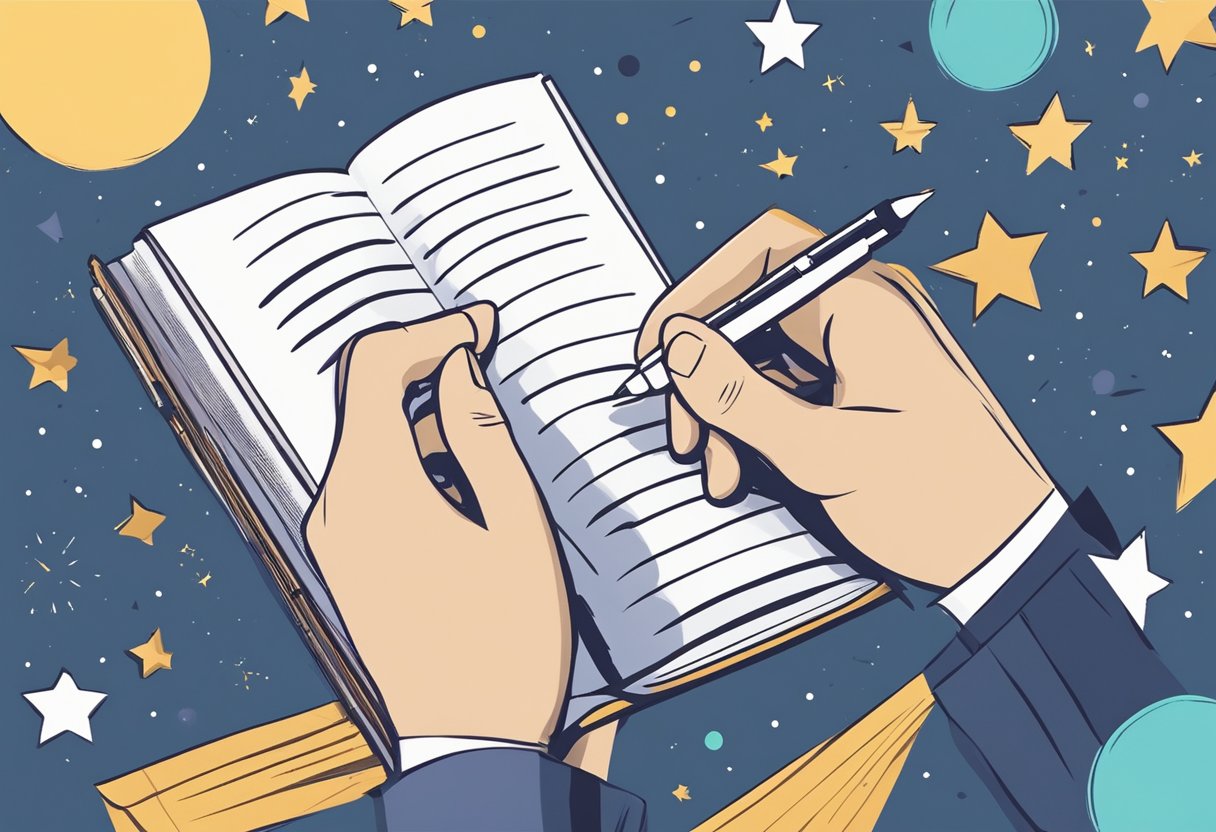 A hand holding a pen writes "Bestseller" in bold letters on a blank book cover, surrounded by glowing stars and a bold call to action at the bottom