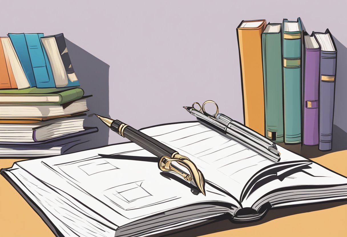 A stack of books with a question mark hovering above them. A pen and notebook sit nearby, ready for note-taking