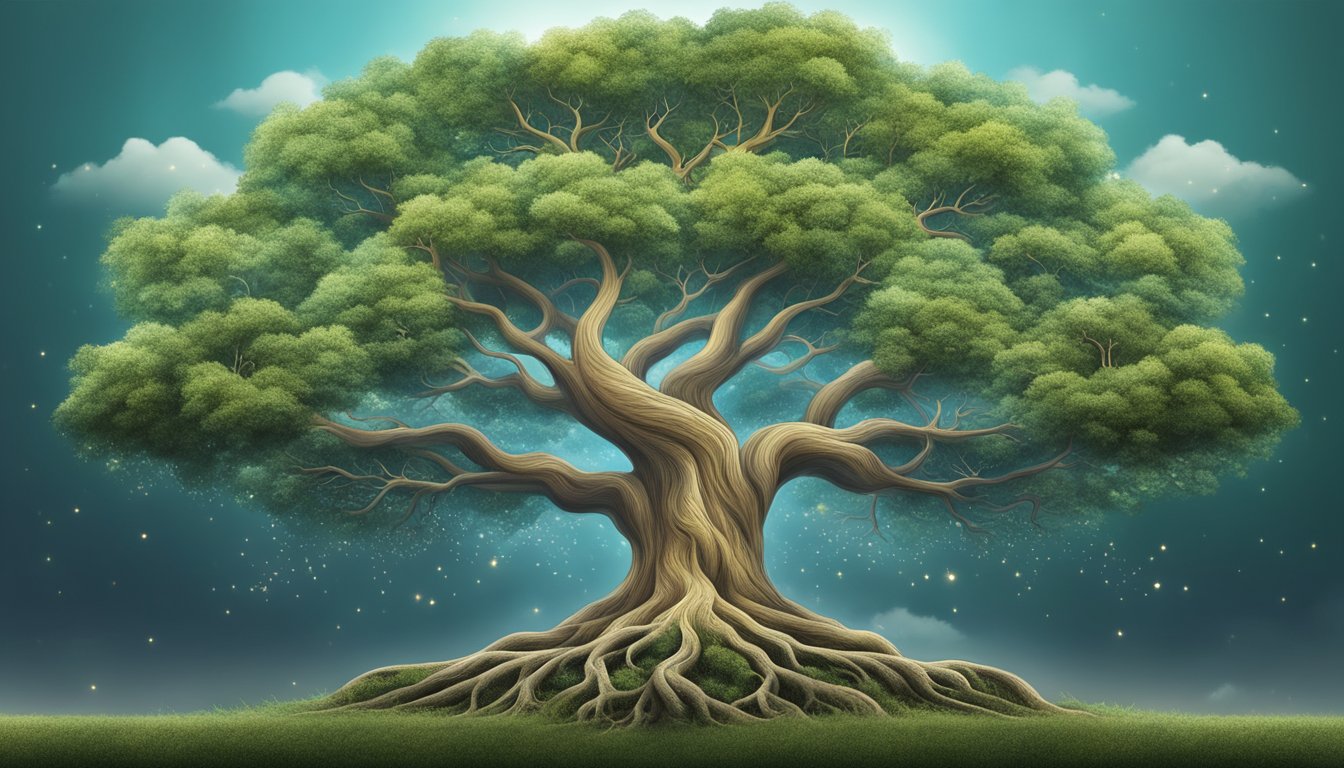 A tree with intertwined roots and branches, growing towards the sky, surrounded by symbols of personal and professional growth