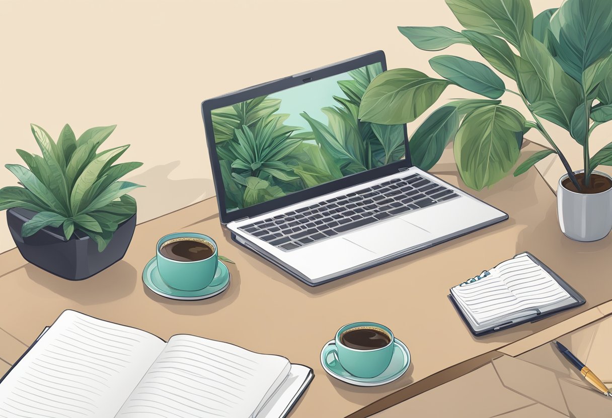 A desk with a laptop, notebook, and pen. A stack of books in the background. A cup of coffee and a plant on the desk