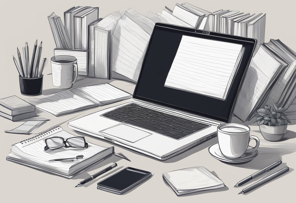 A laptop with a blank screen sits on a cluttered desk, surrounded by books, pens, and a cup of coffee. A notepad with scribbled notes is nearby
