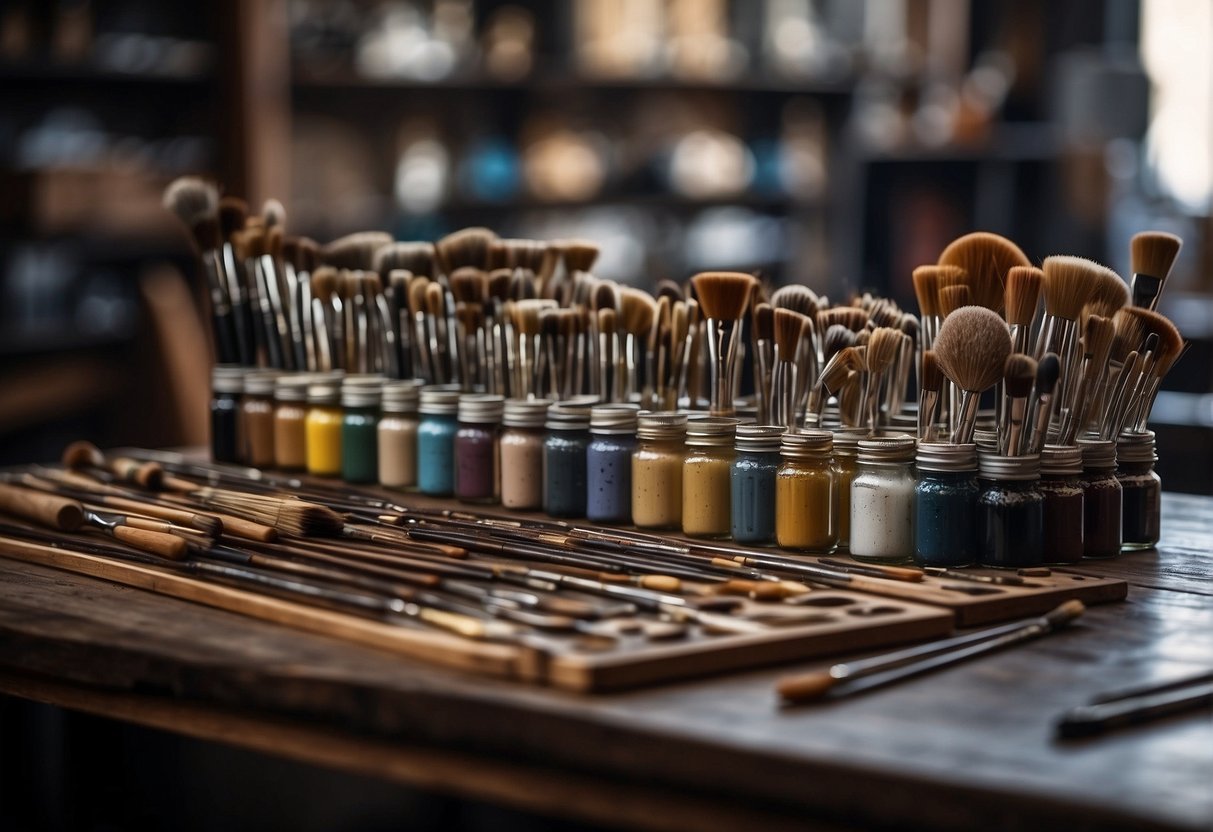 An artist holds acrylic brushes, contemplating if they can be used for oil painting. Brushes are neatly arranged on a table with tubes of paint