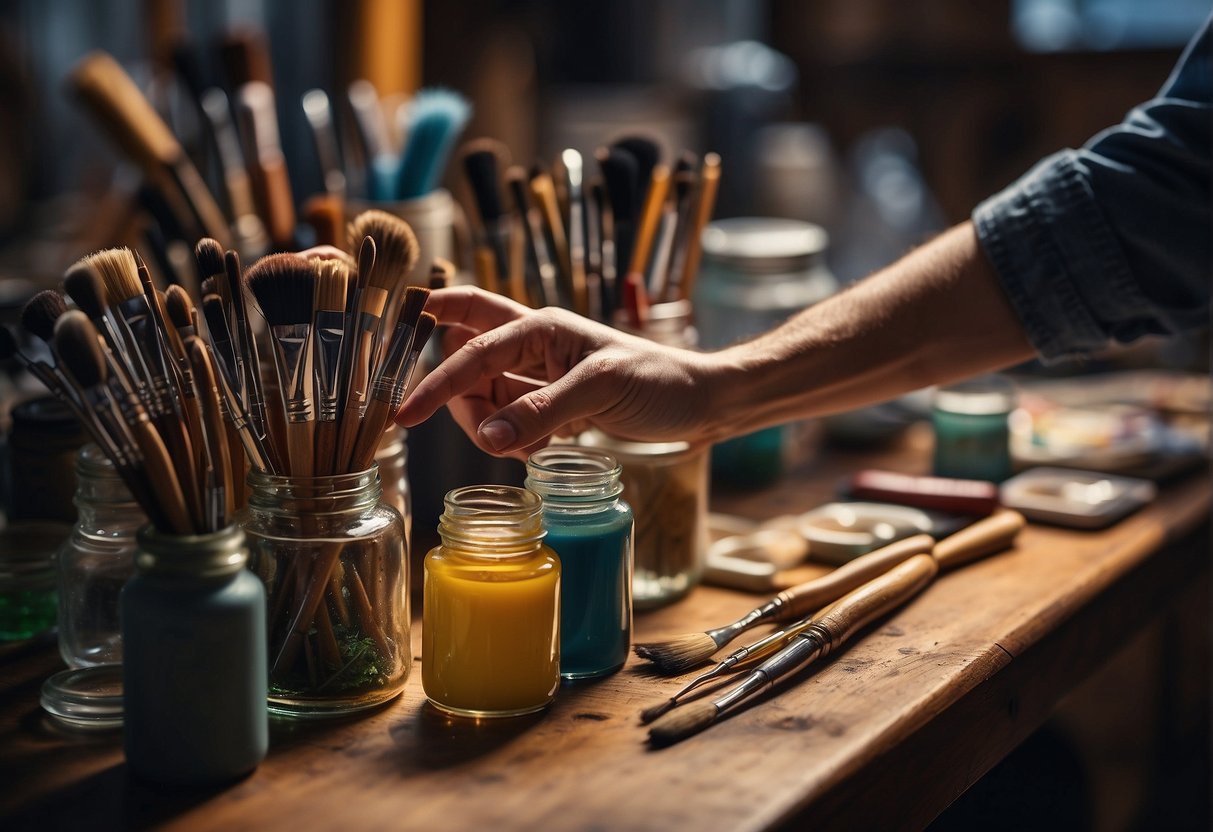 An artist's hand reaches for a jar of acrylic brushes, while oil paint tubes sit nearby on a cluttered work table