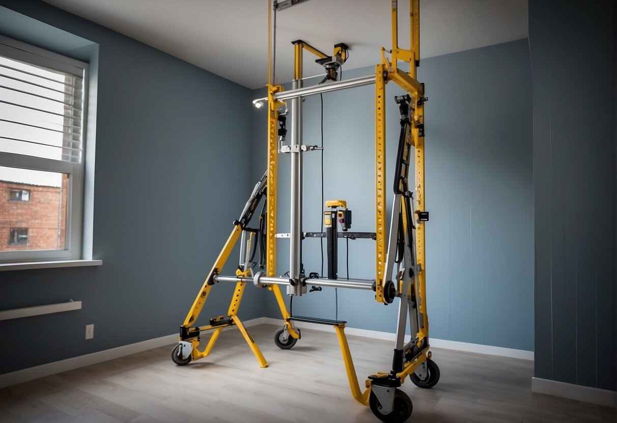 A drywall lift extends to its maximum height, reaching upwards with its lifting mechanism fully extended