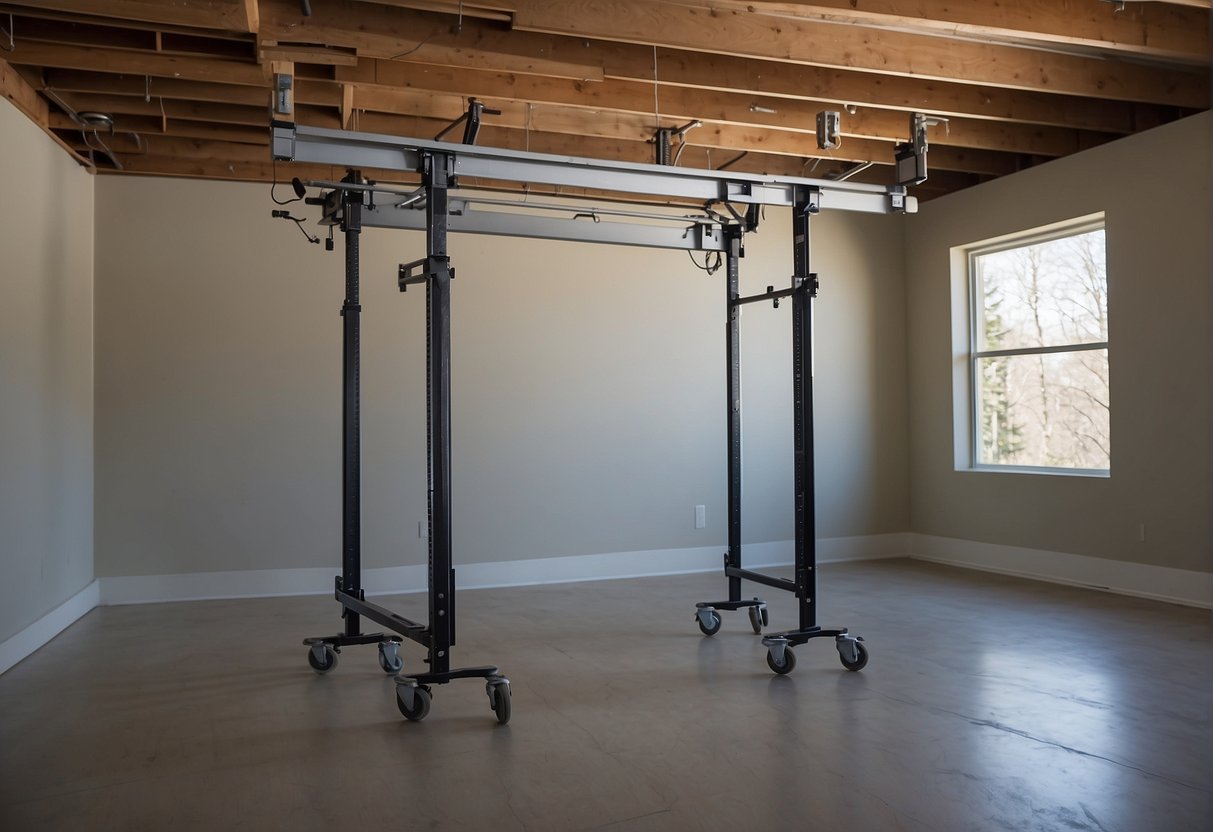 A drywall lift extends to a maximum height of 11 feet, with adjustable arms and a secure platform for holding and lifting drywall sheets