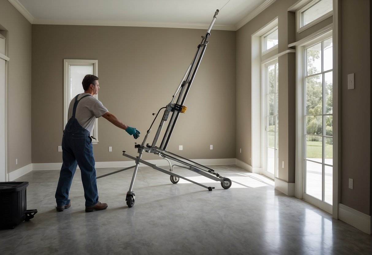 A drywall lift extends to a maximum height of 11 feet. The lift is equipped with adjustable arms and a crank mechanism for easy maneuverability