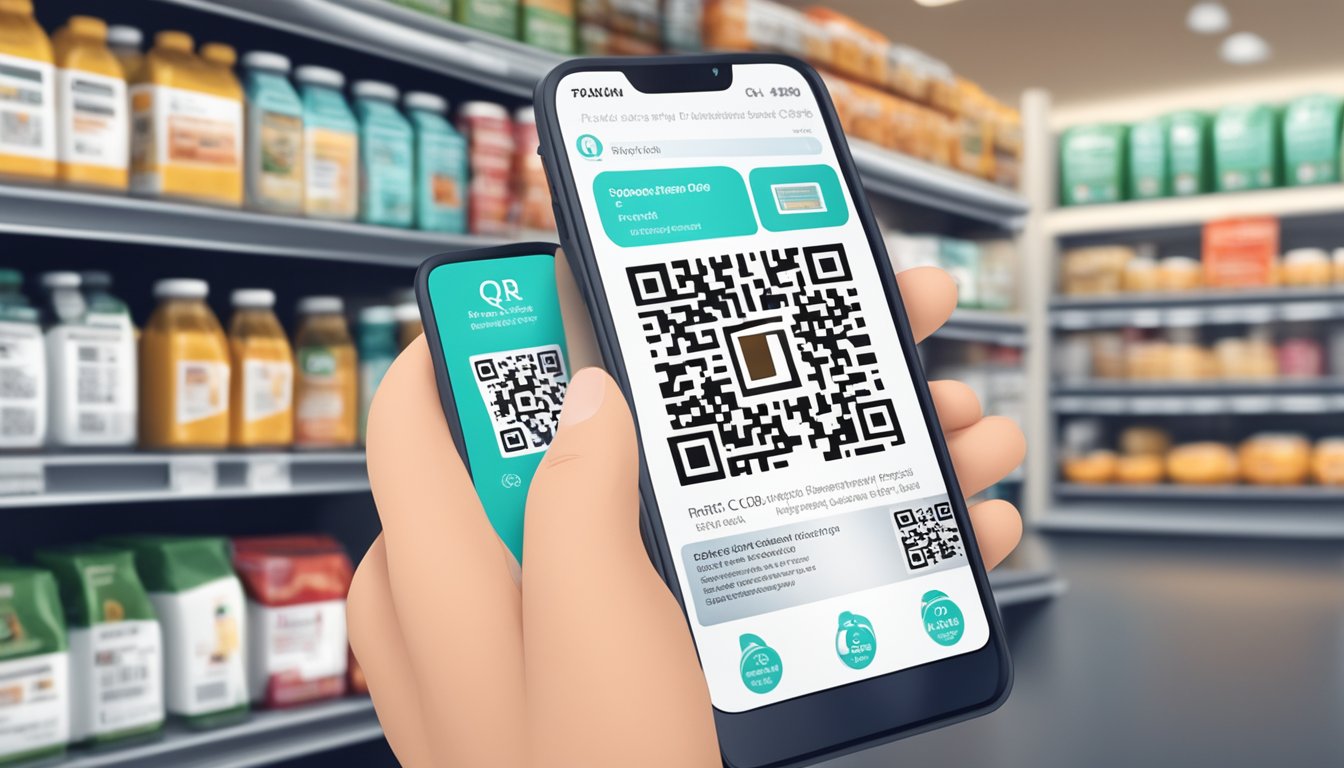 A person using a smartphone to scan a QR code on a product label, with a digital interface displaying product information and usage instructions