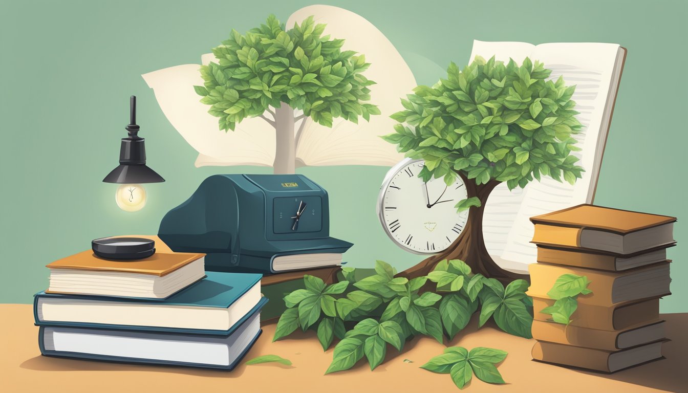 A tree with 231 leaves, a clock showing 2:31, and a book titled "The Power of 231" on a desk