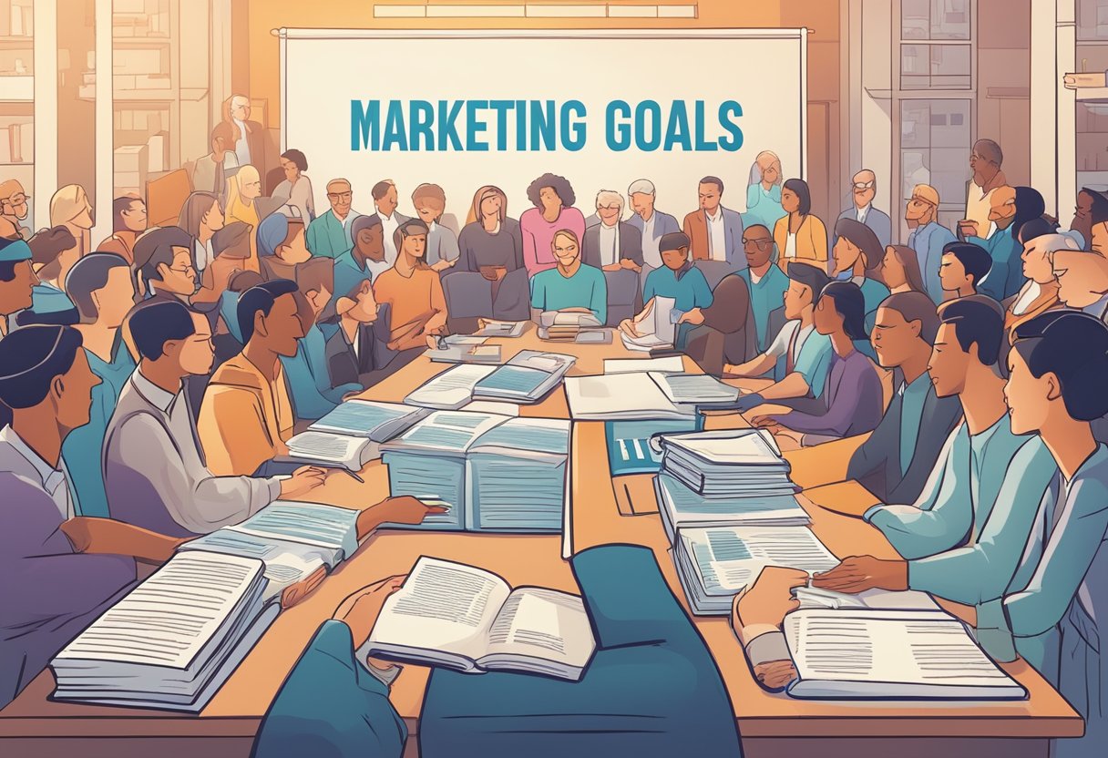 A book cover with bold text "Marketing Goals" displayed on a table, surrounded by promotional materials and a crowd of eager readers