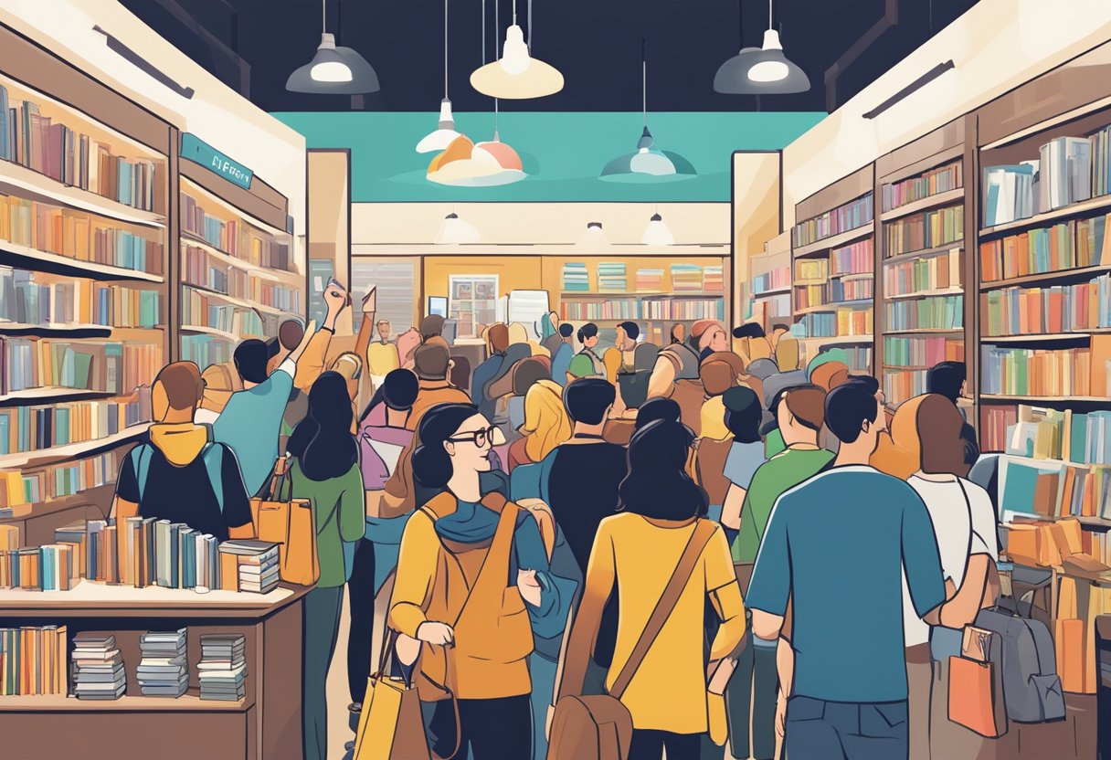 A crowded bookstore buzzes with excitement as a sample book launch marketing plan is strategically displayed on a vibrant, eye-catching poster