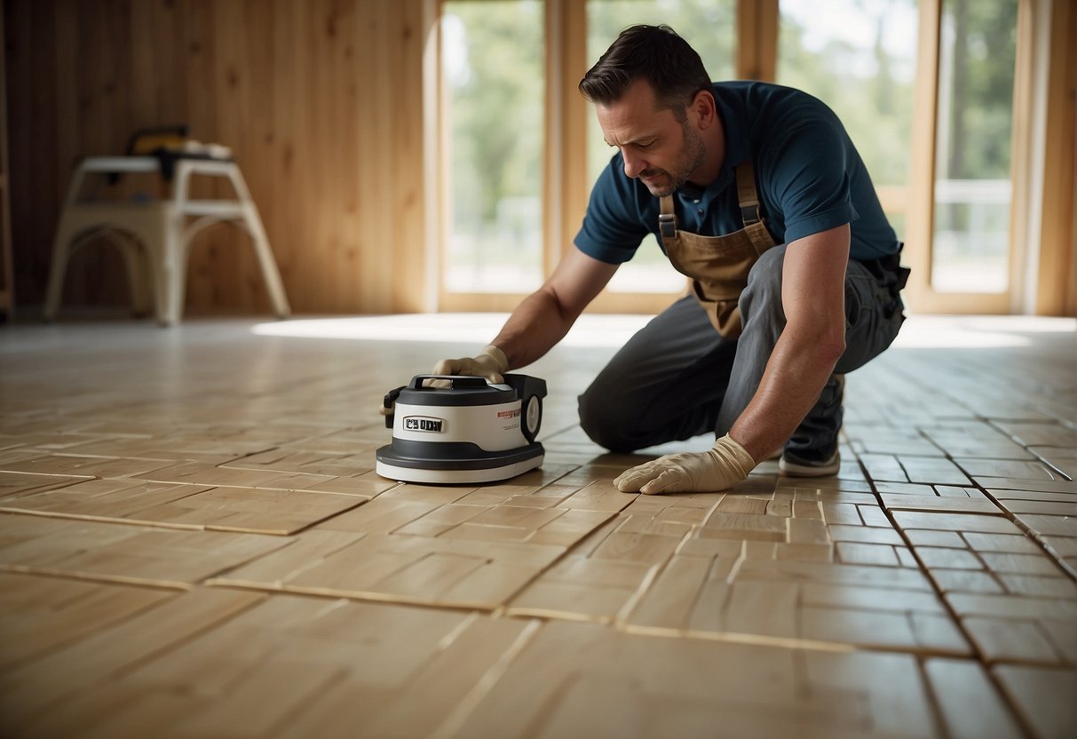 A person is laying down VCT tiles on a clean, smooth plywood surface, using adhesive and a roller to ensure proper adhesion and smooth finish
