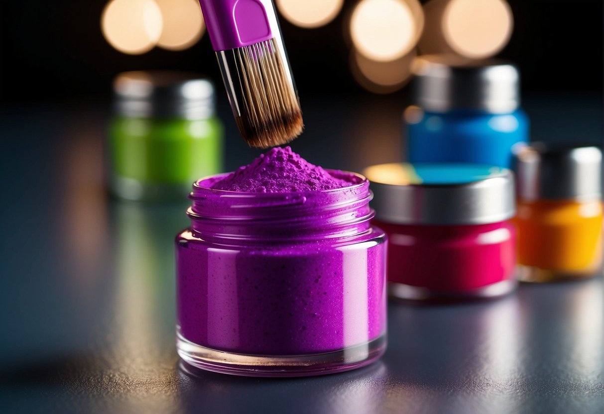 Neon pigment powder, nail polish, brush, UV lamp. Apply base coat, cure. Apply pigment with brush, cure. Seal with top coat, cure