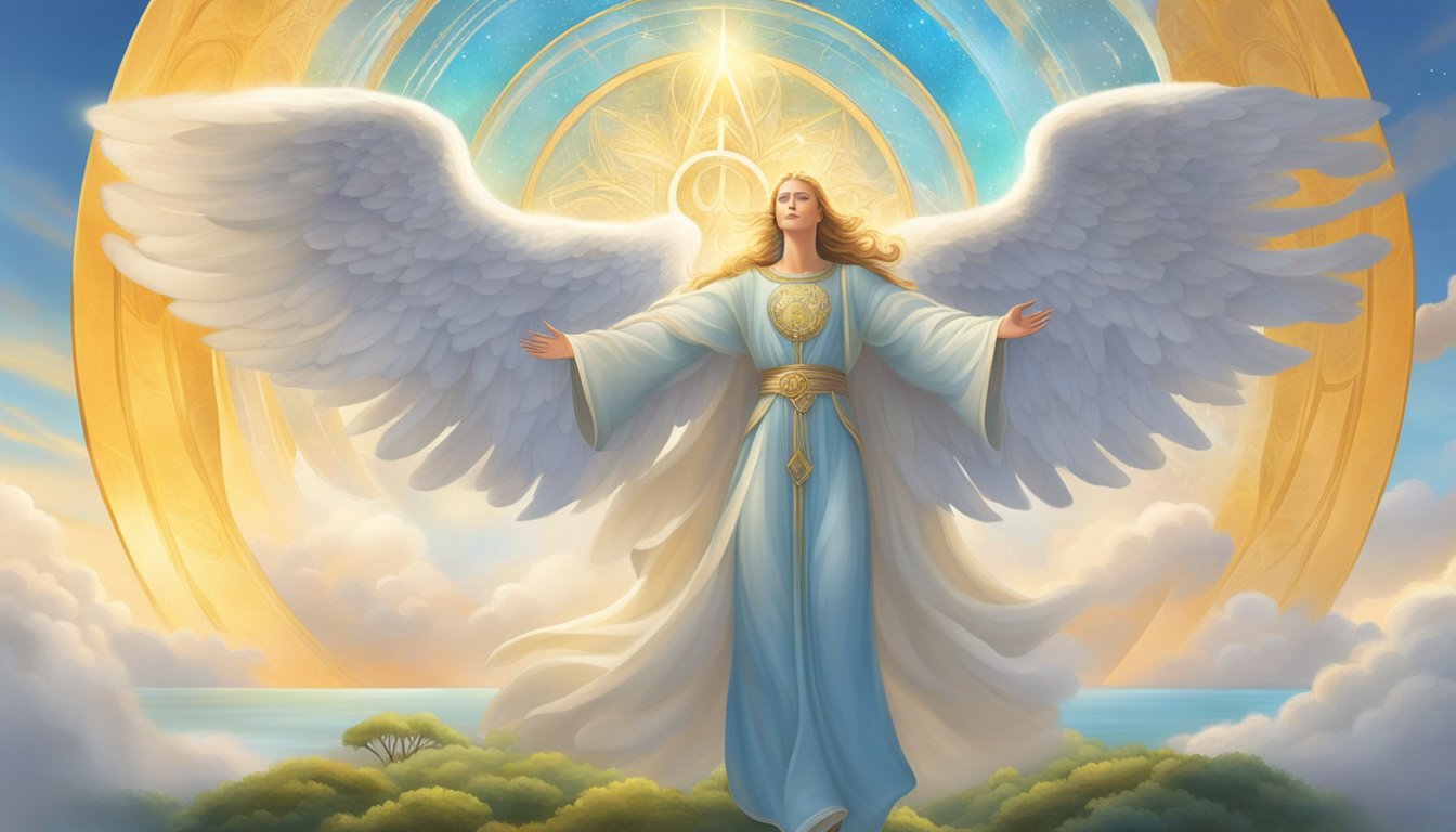 A radiant angelic figure hovers over a tranquil landscape, surrounded by symbols of peace and protection