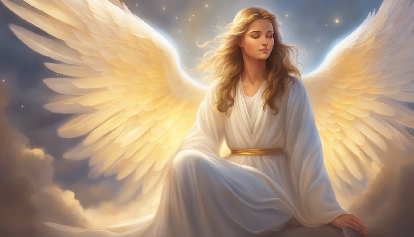 A serene angelic figure surrounded by glowing light, with a sense of divine guidance and spiritual presence