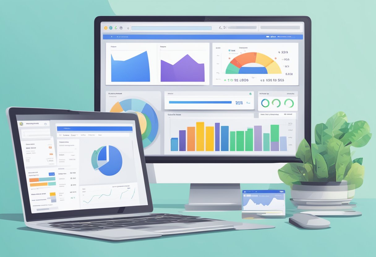 A computer with a PPC campaign dashboard open, showing keywords, ad copy, and performance metrics