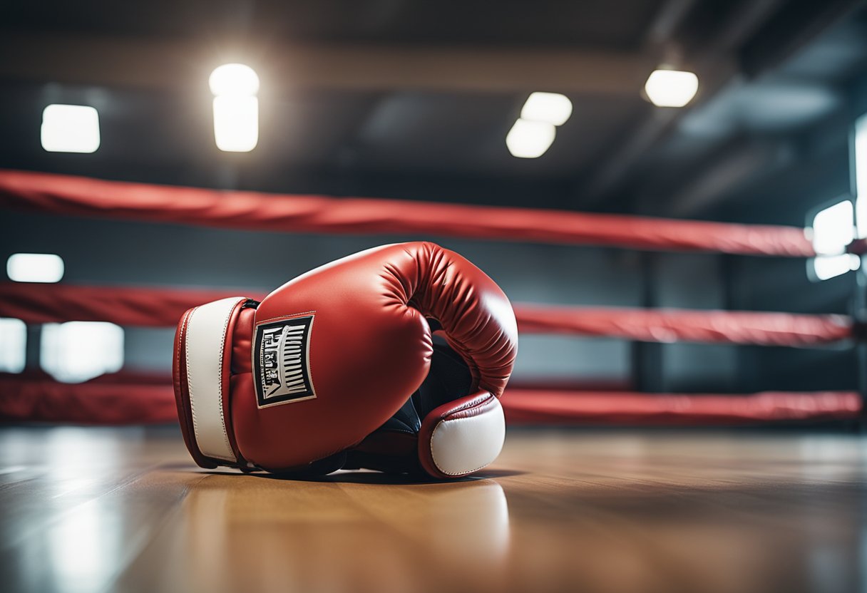 A boxing glove lies next to a mouthguard on a gym floor