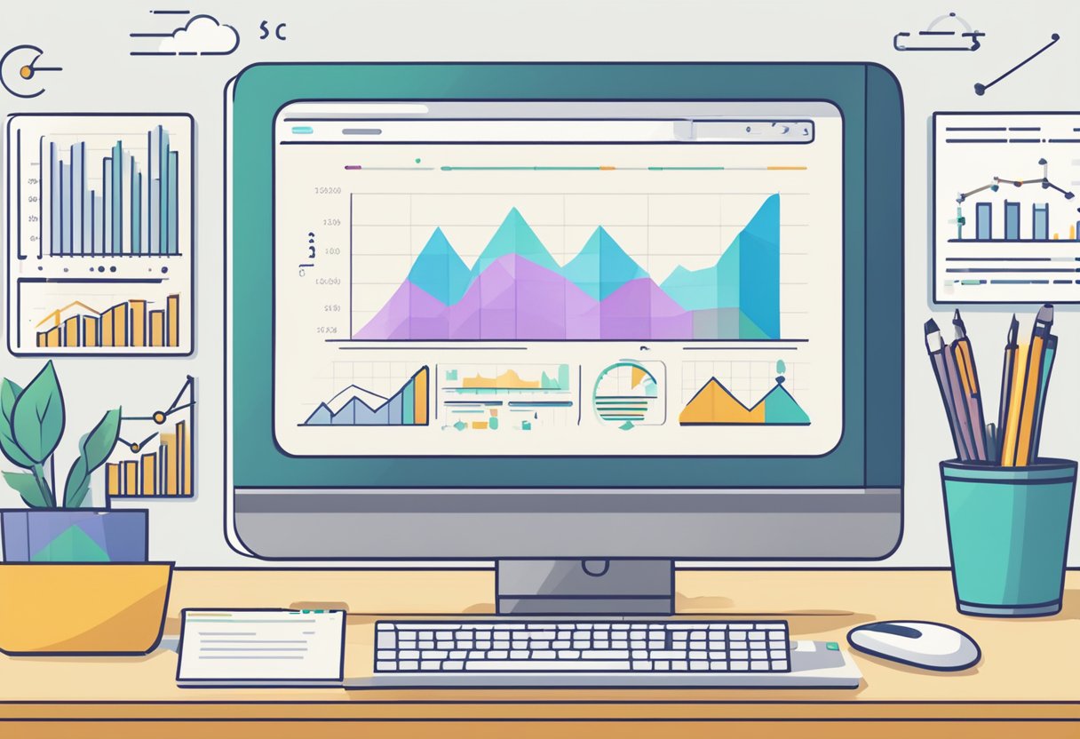 A computer screen displaying PPC campaign data with graphs and charts, a mouse hovering over a "success" metric, and a ruler measuring the increase in ROI