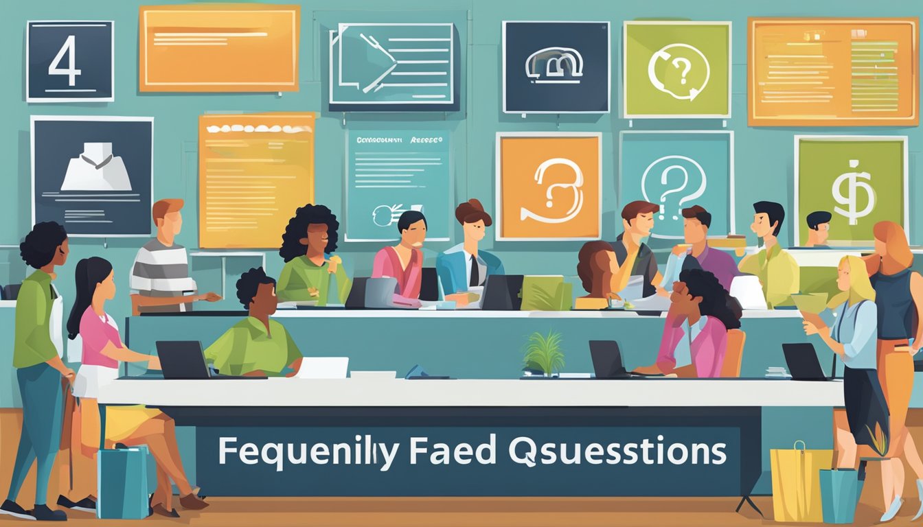 A large, bold "Frequently Asked Questions 47 Significado" sign hanging above a busy information desk