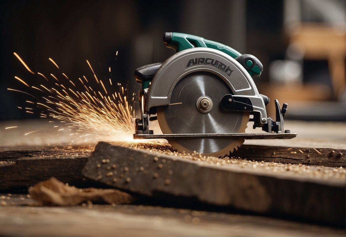 A circular saw blade spins as it cuts through wood, metal, or plastic, with sparks or sawdust flying. The blade's teeth may show signs of wear or damage