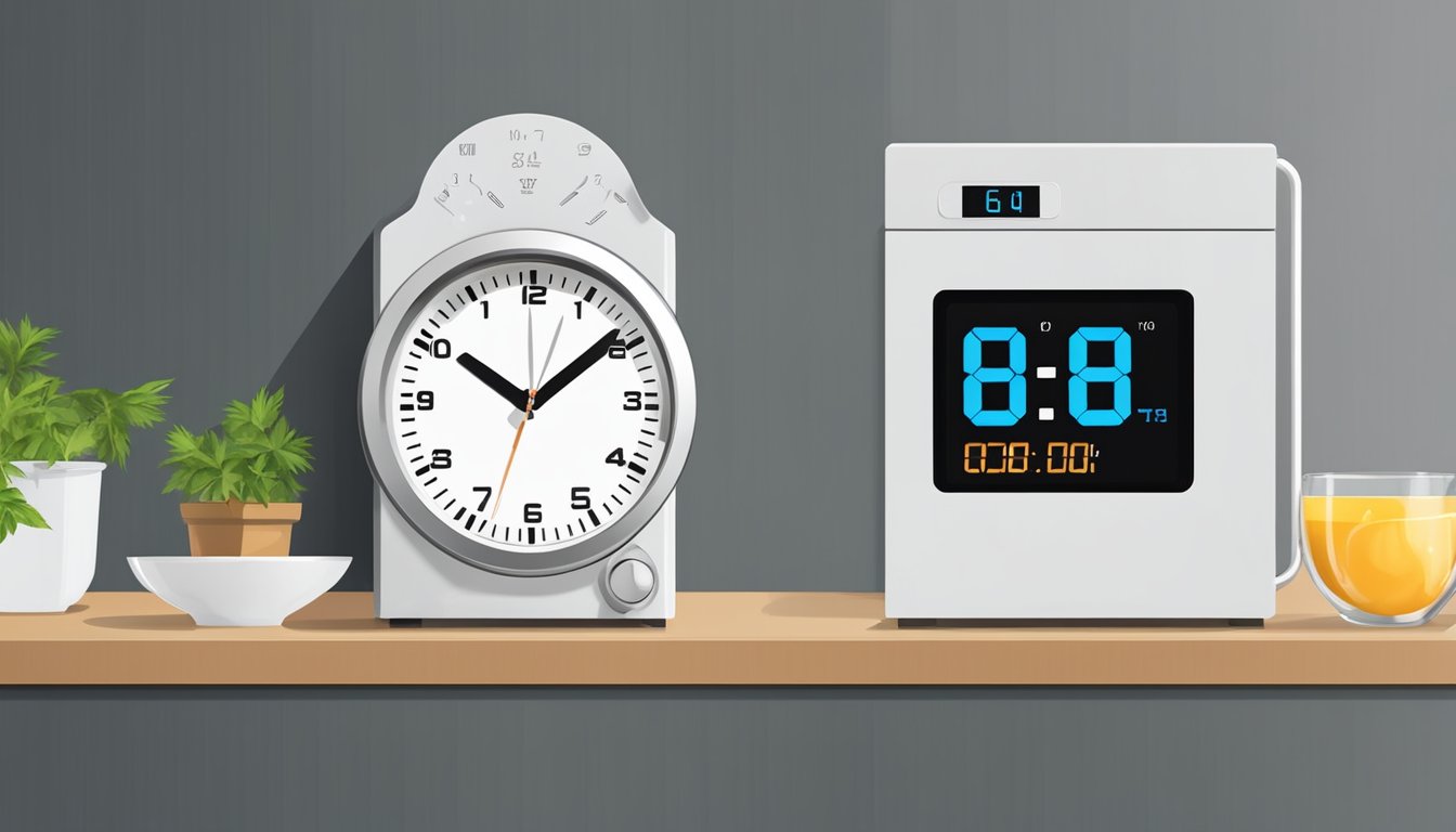 The number 6060 is displayed on a digital clock in a modern kitchen, with a pot boiling on the stove and a calendar marking an important date