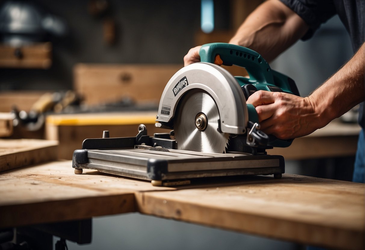 A hand reaching for a circular saw blade on a workbench, with various blades displayed in the background