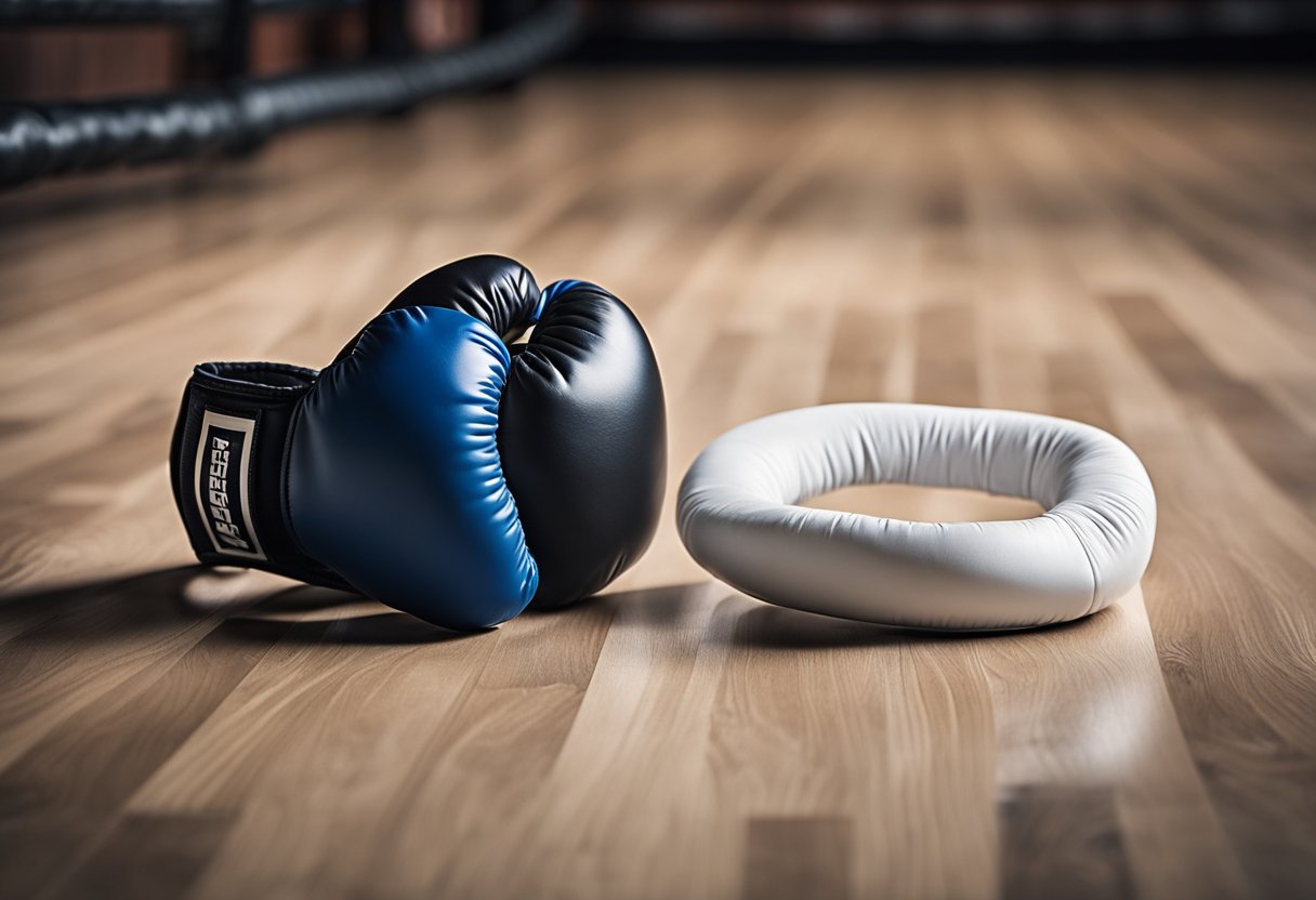 A boxing glove lies on the floor, next to a mouthguard. The ring is empty, with no fighters in sight