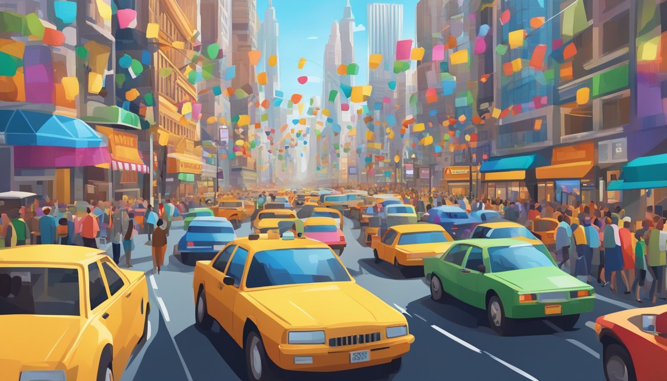A bustling city street with colorful signs, bustling crowds, and busy traffic.</p><p>Tall buildings line the skyline, and the atmosphere is filled with energy and movement