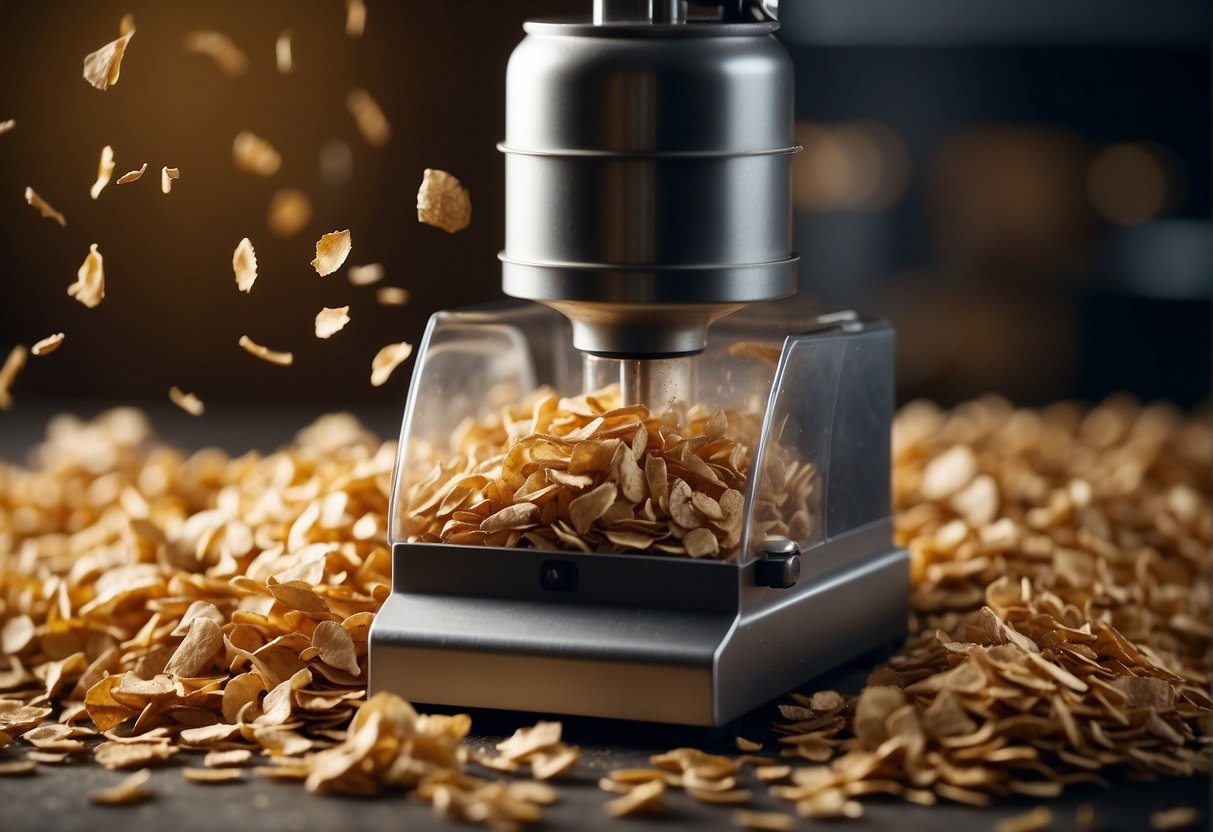 Wood chips are fed into a grinder, where they are crushed into a fine powder. The machine emits a loud grinding noise as the chips are transformed