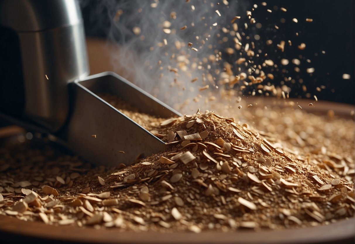 Wood chips pour into a grinding machine, turning into fine powder. Dust clouds rise as the machine hums, creating a smooth, powdery substance