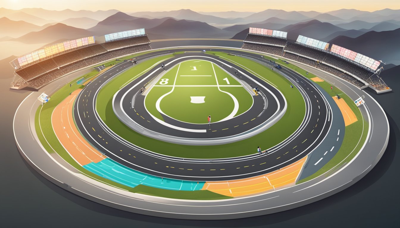 A race track with the number 118 prominently displayed, surrounded by symbols of prosperity and abundance