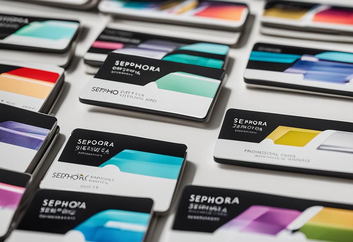 A brightly lit display of Sephora gift cards arranged in a row, with the company logo prominently featured on each card