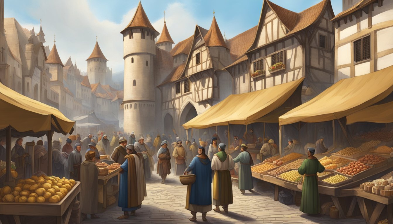 A bustling medieval market with merchants selling goods and people in traditional clothing.</p><p>A castle looms in the background, symbolizing power and authority