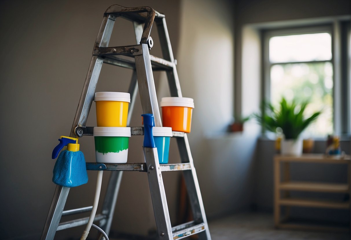 A ladder with a paint can holder attached, brushes and cleaning supplies nearby, and a freshly painted wall in the background
