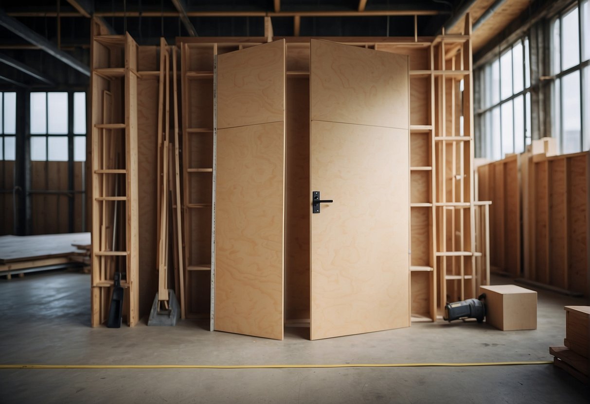 A temporary plywood door stands in the midst of a construction site, surrounded by tools and materials