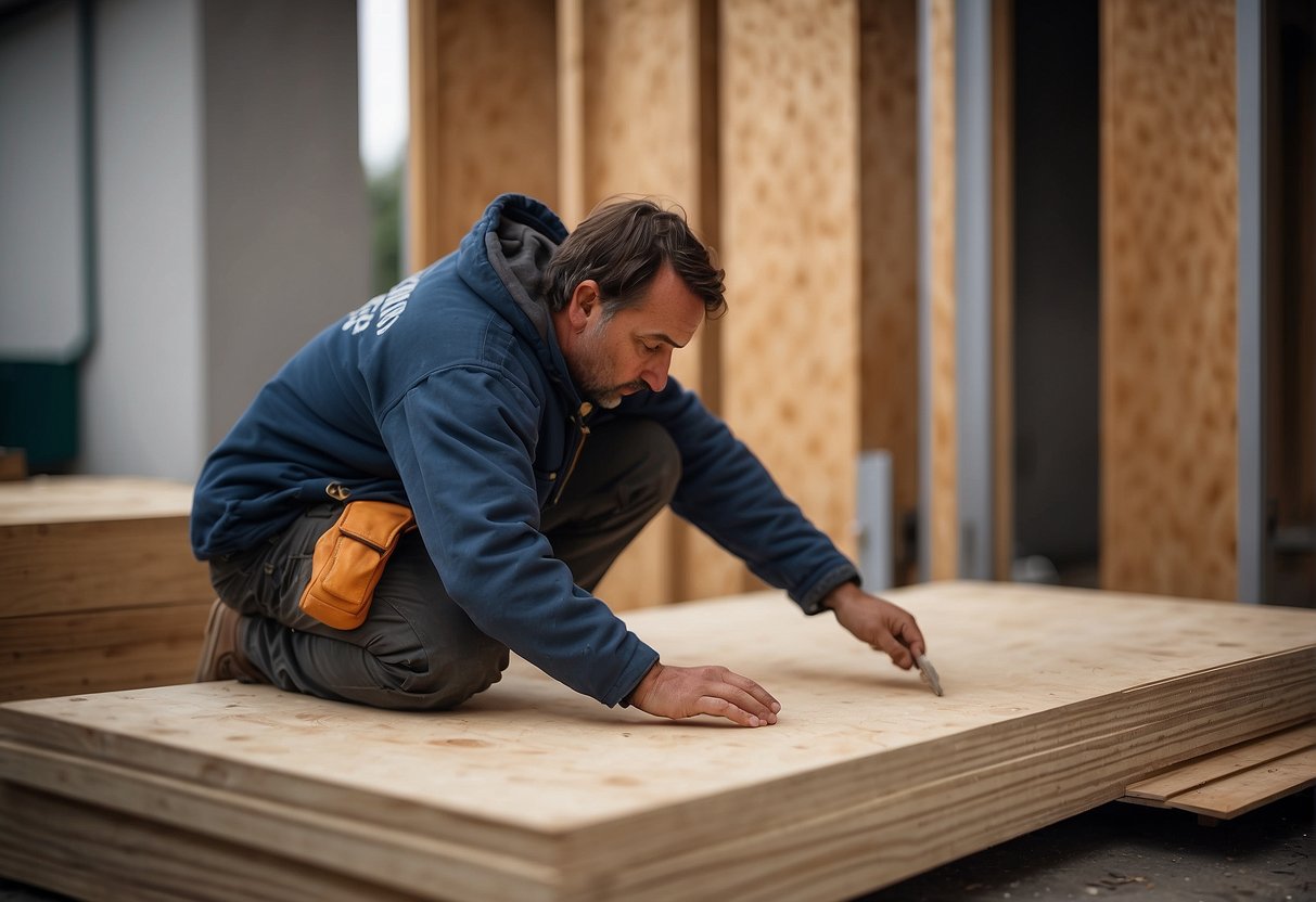 A construction worker adds finishing touches to a temporary plywood door