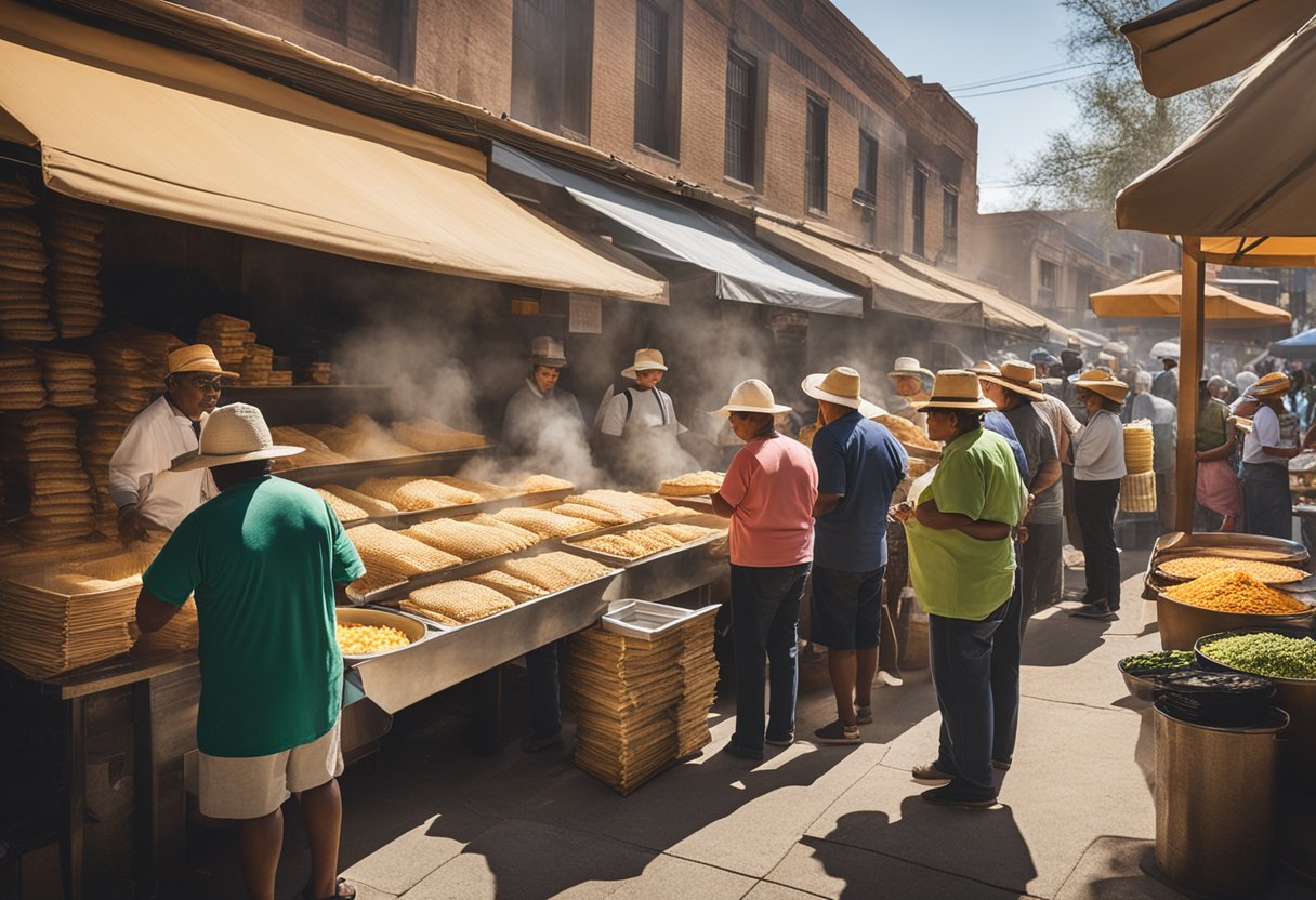 A bustling market stall displays steaming tamales in various flavors. Customers eagerly line up to purchase the savory treats