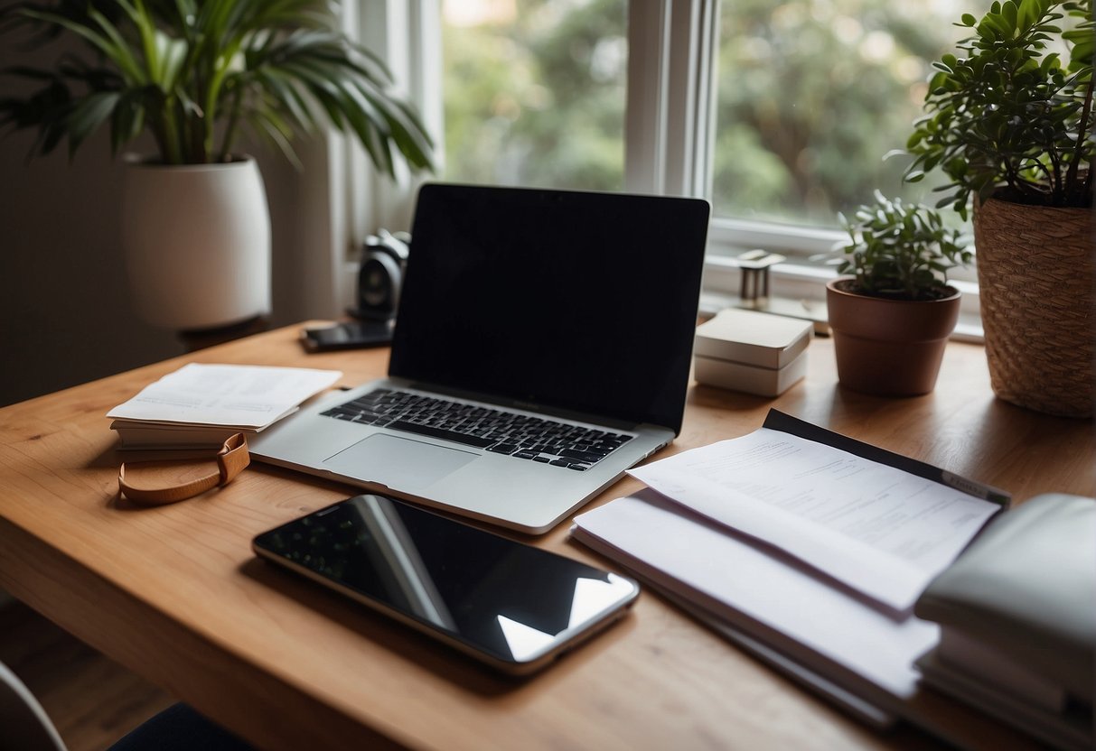 A home office with a laptop, phone, and paperwork. A serene setting with natural light and a comfortable workspace