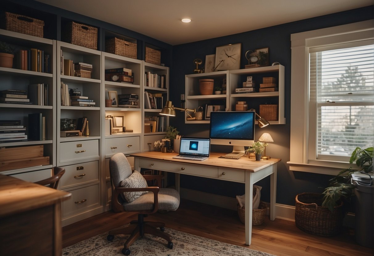 A home office with a laptop, phone, and organized files. A mother works efficiently while her children play in the background