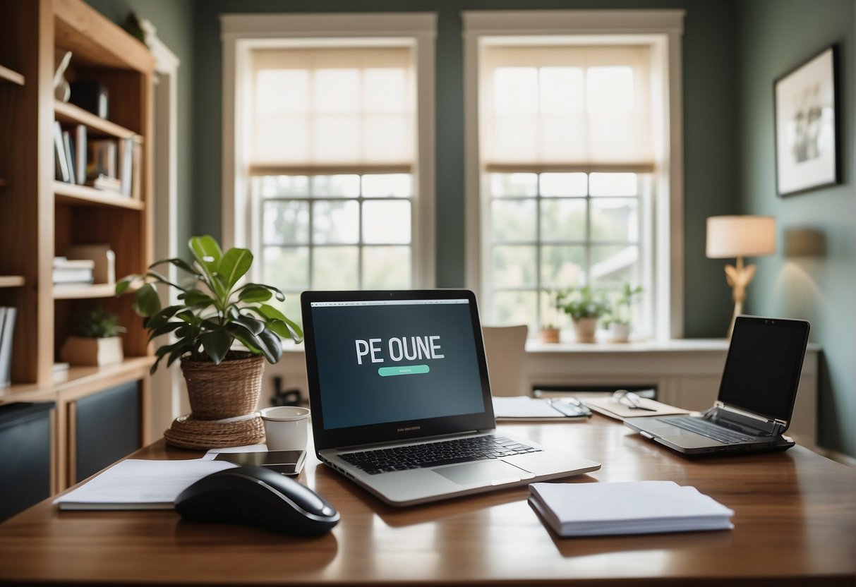 A home office with a laptop, phone, and paperwork surrounded by a calm and organized environment, symbolizing the financial benefits of outsourcing for a work-at-home mom business