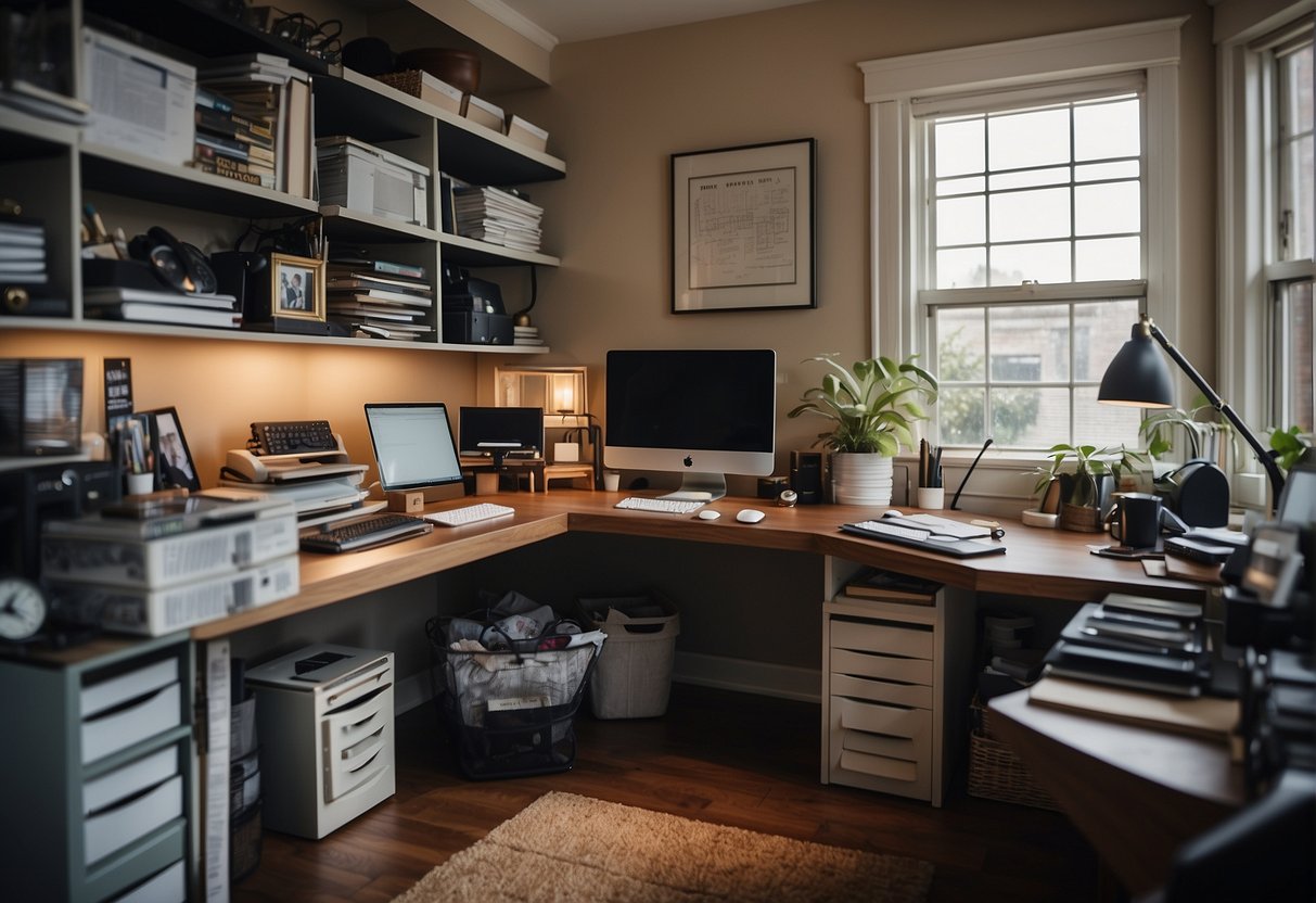 A cluttered home office transforms into an organized and streamlined workspace as tasks are outsourced, leading to increased productivity and efficiency