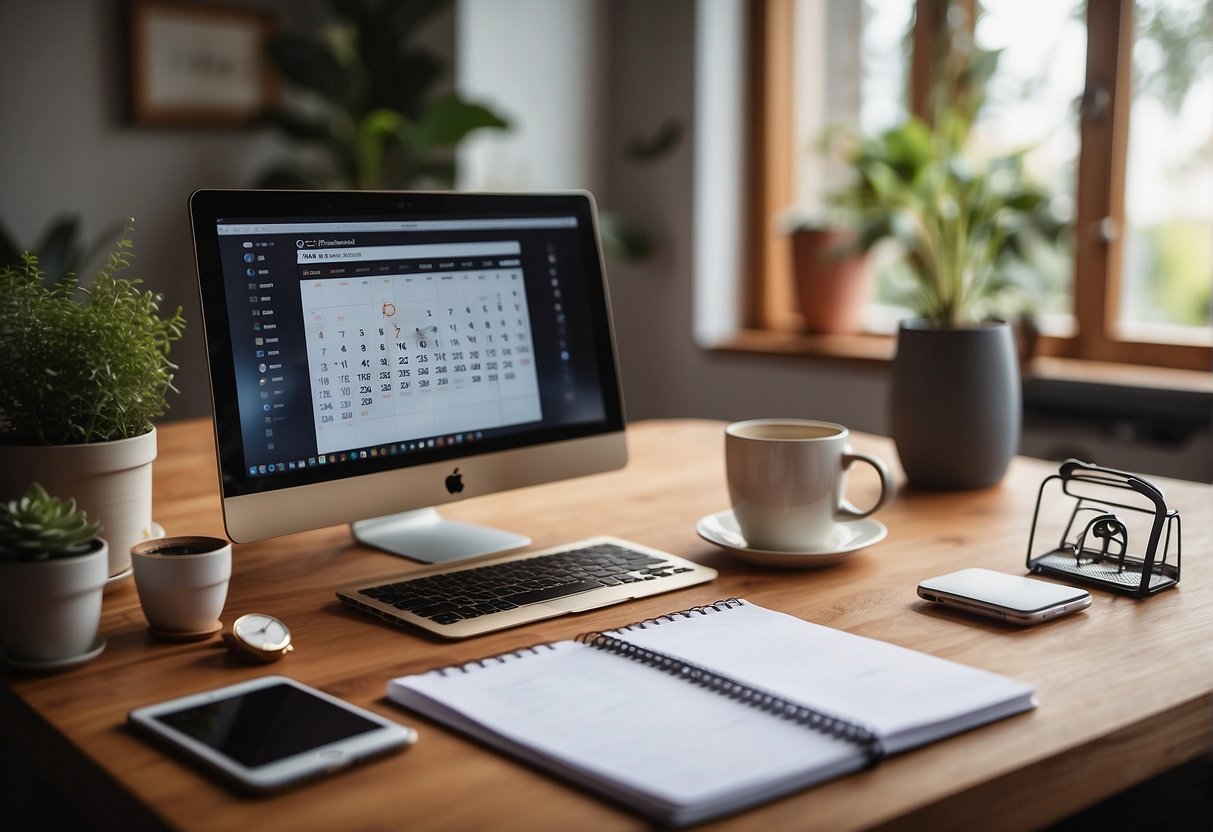 A serene home office with a laptop, phone, and cozy workspace. A calendar shows balanced work and family time. Outside, a playground symbolizes freedom from daily tasks