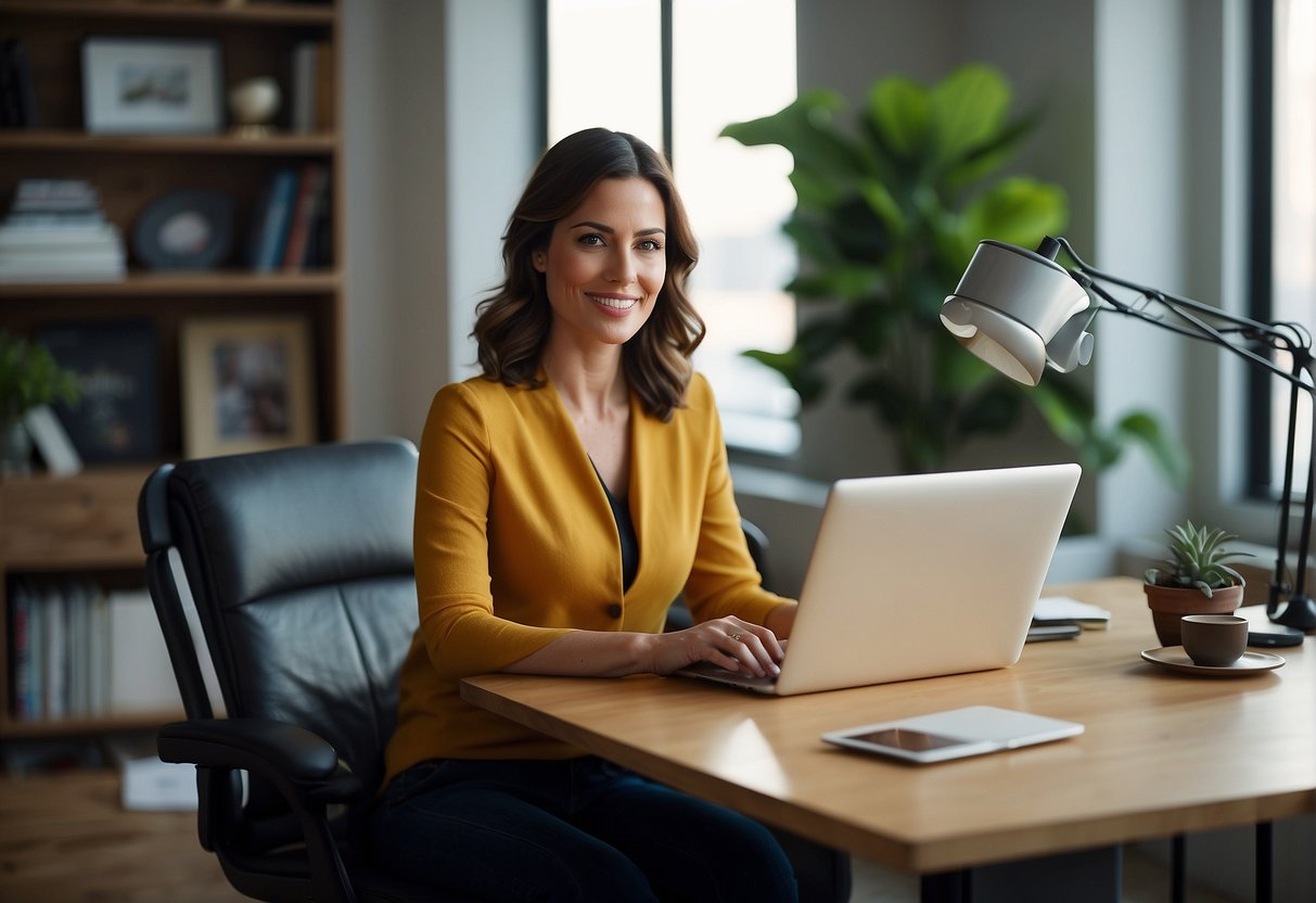 A bustling home office with a computer, phone, and tablet. A mom entrepreneur multitasks, surrounded by innovative technology