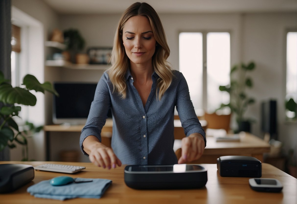 A busy work-at-home mom juggles tasks while outsourcing work, symbolized by a scale tipping in her favor