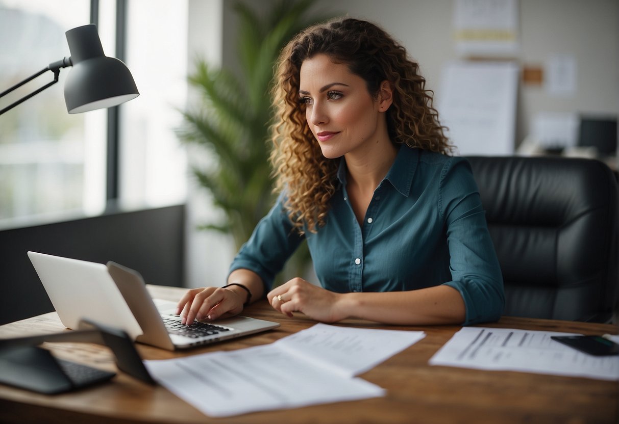 A woman sits at a desk, surrounded by paperwork and a laptop. She is researching and comparing potential outsourcing partners for her work at home mom business