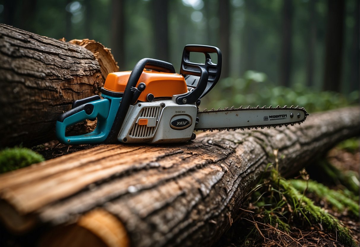 A chainsaw cuts through a thick log with a diamond tip chain, creating clean and precise cuts in the wood