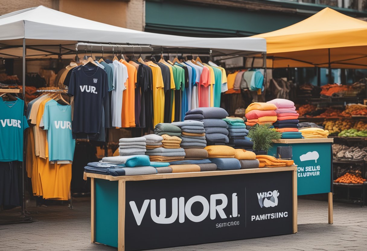 A colorful outdoor market stall with a sign reading "Who Sells Vuori?" surrounded by various athletic and leisure wear products